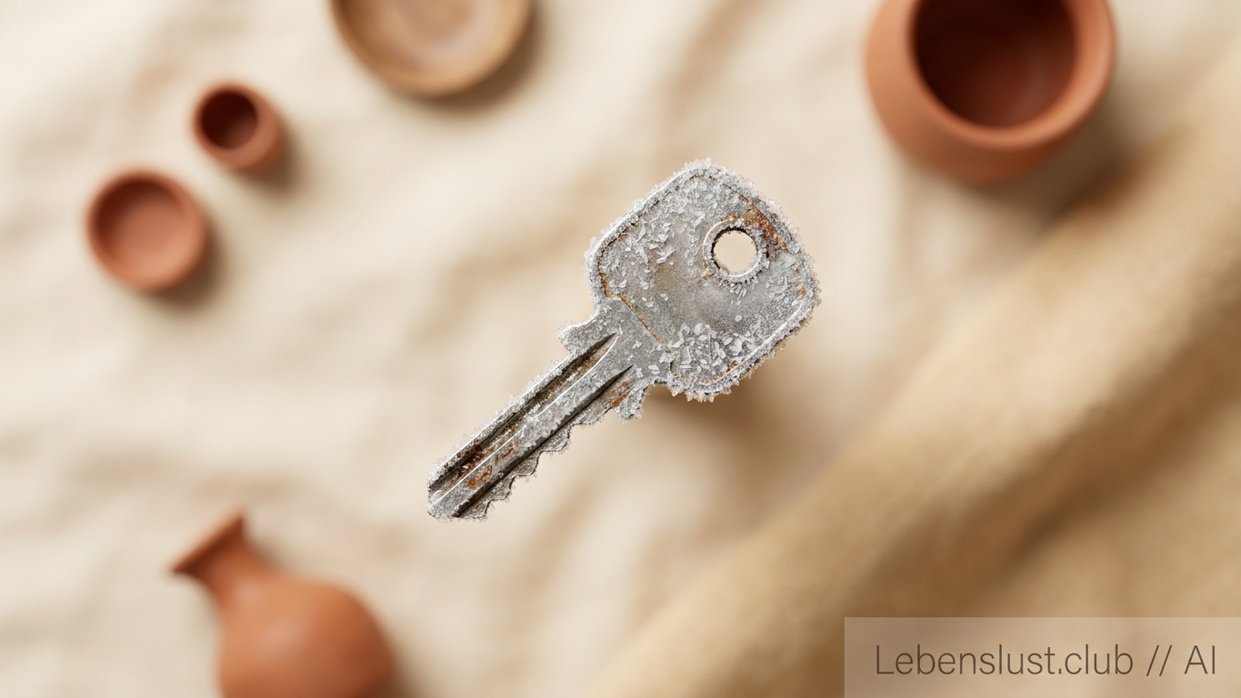 Ein vereister Schlüssel liegt auf einem sandfarbenen Tuch, umgeben von kleinen Terrakotta-Gefäßen.