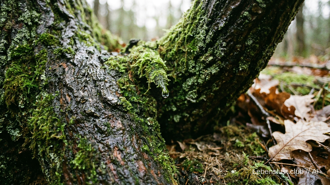 Moosbewachsene Baumstämme und Äste im Wald, ein Wassertropfen hängt an einem Moosbüschel, getrocknete Blätter am Boden.