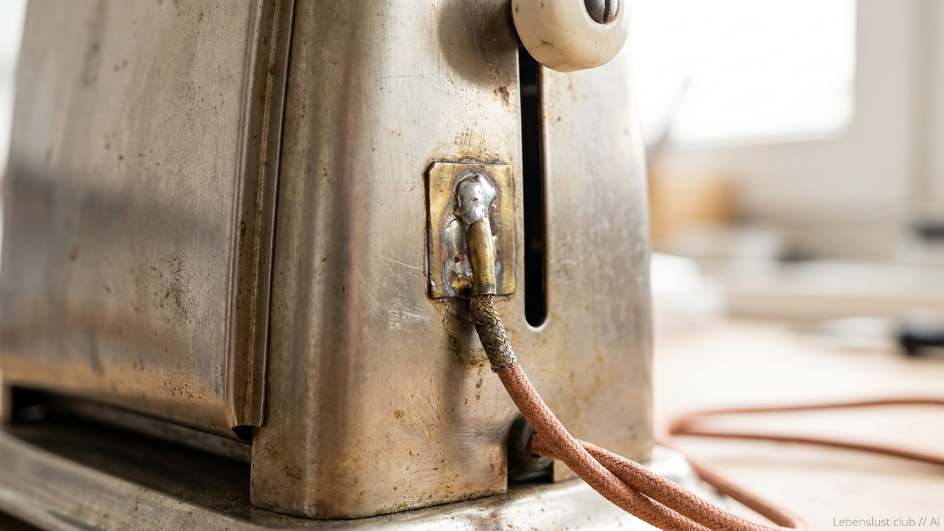 Makroaufnahme vom Anschluss eines geflickten, alten Toasters mit einem Stoff ummanteltem Netzkabel.
