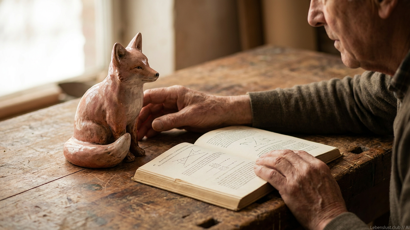 Ein älterer Mann hält ein aufgeschlagenes Buch vor sich, neben dem eine Fuchs-Skulptur steht.