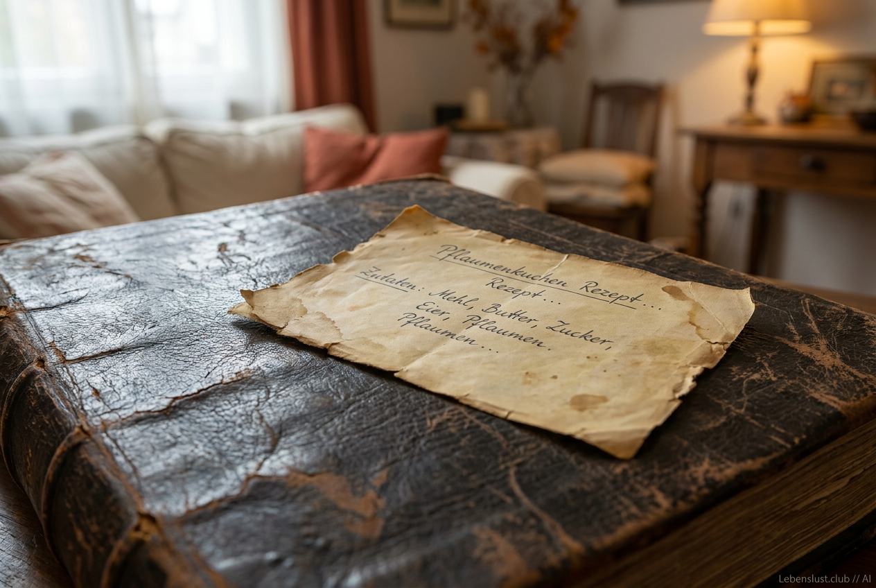Ein altes, vergilbtes Rezept für Pflaumenkuchen liegt auf einem großen, ledergebundenen Buch.