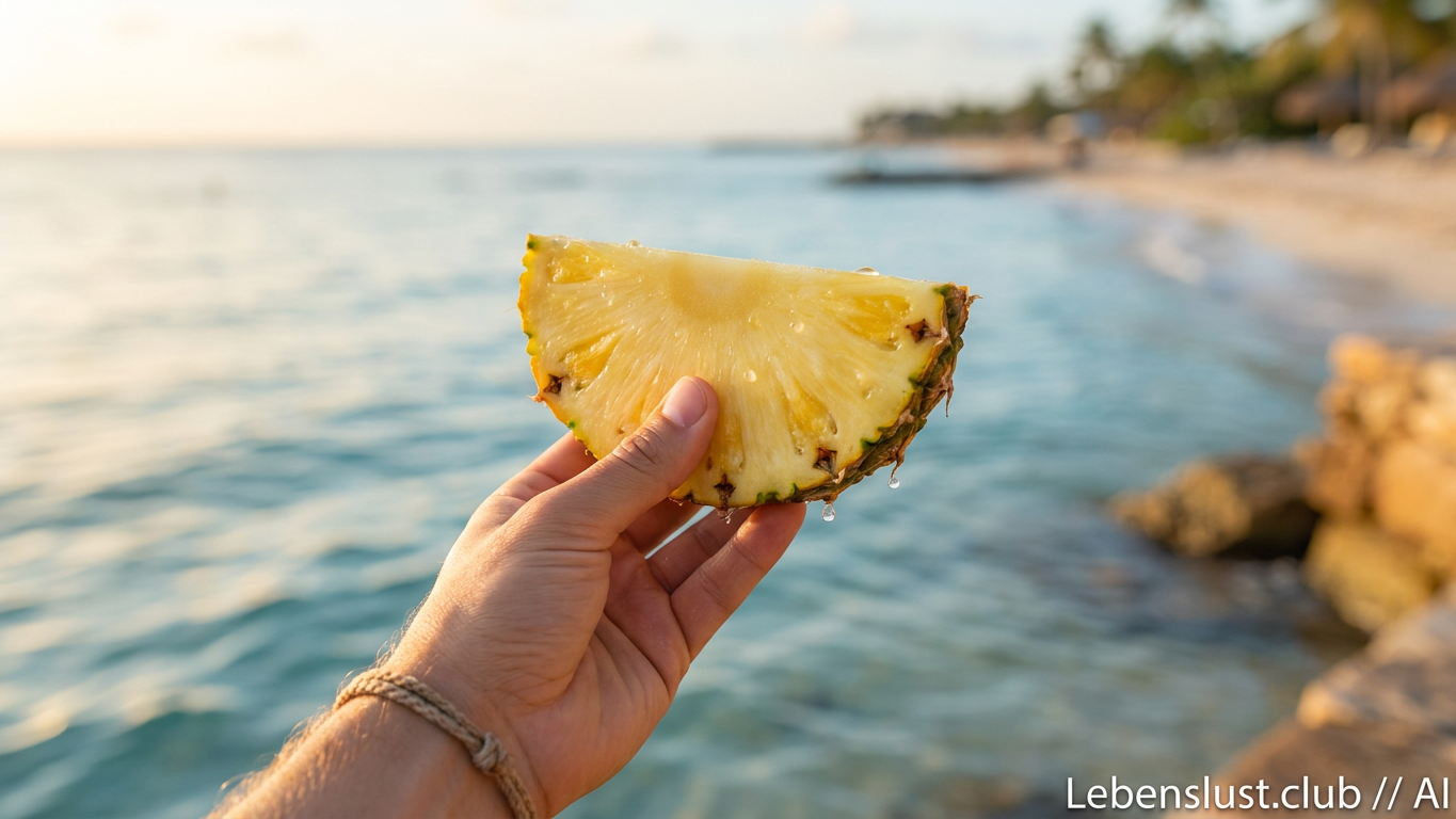 Eine Hand hält eine saftige Ananasscheibe mit herabtropfendem Saft vor dem Hintergrund eines blauen Meeres und Strandes.