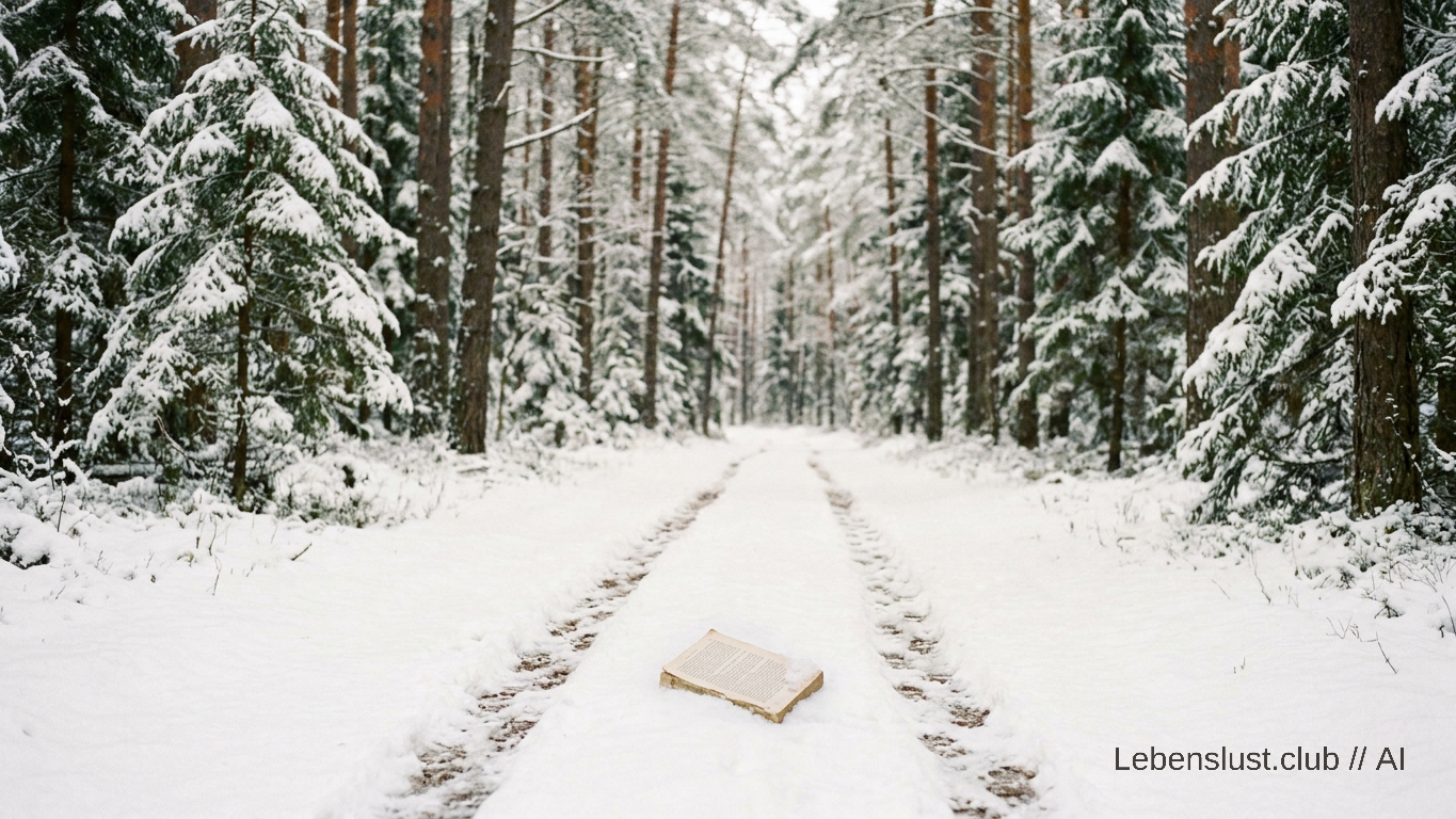 Ein offenes Buch liegt auf einem verschneiten Waldweg mit Reifenspuren, umgeben von dicht bewachsenen Tannen.