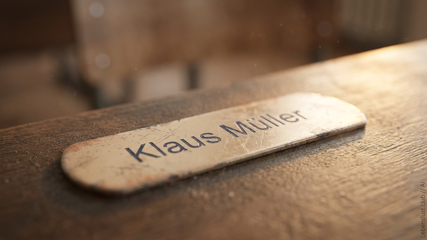 Ein kleines, abgenutztes Namensschild mit der Aufschrift "Klaus Müller" liegt auf einer Holzoberfläche.