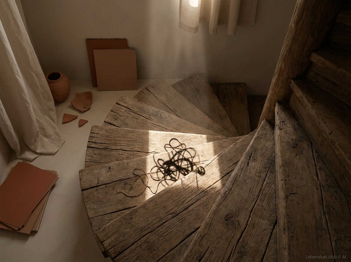 Eine antike Holztreppe mit Sonnenlicht auf den Stufen, auf der eine Schnur und deren verschlungener Schatten liegen.