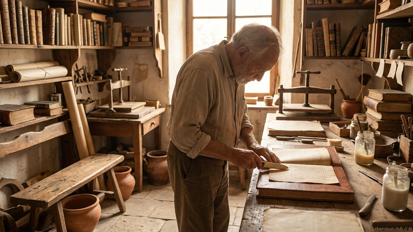 Ein älterer Mann in einem historischen Atelier arbeitet konzentriert an alten Manuskripten, umgeben von Büchern und Werkzeugen.