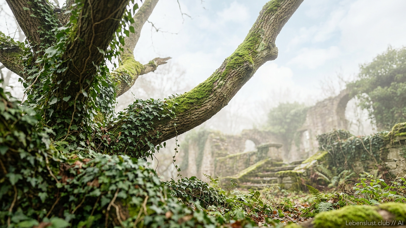 Moosbewachsene Baumstämme und Efeuranken im Vordergrund, dahinter eine nebelverhangene alte Ruine in einer grünen Landschaft.