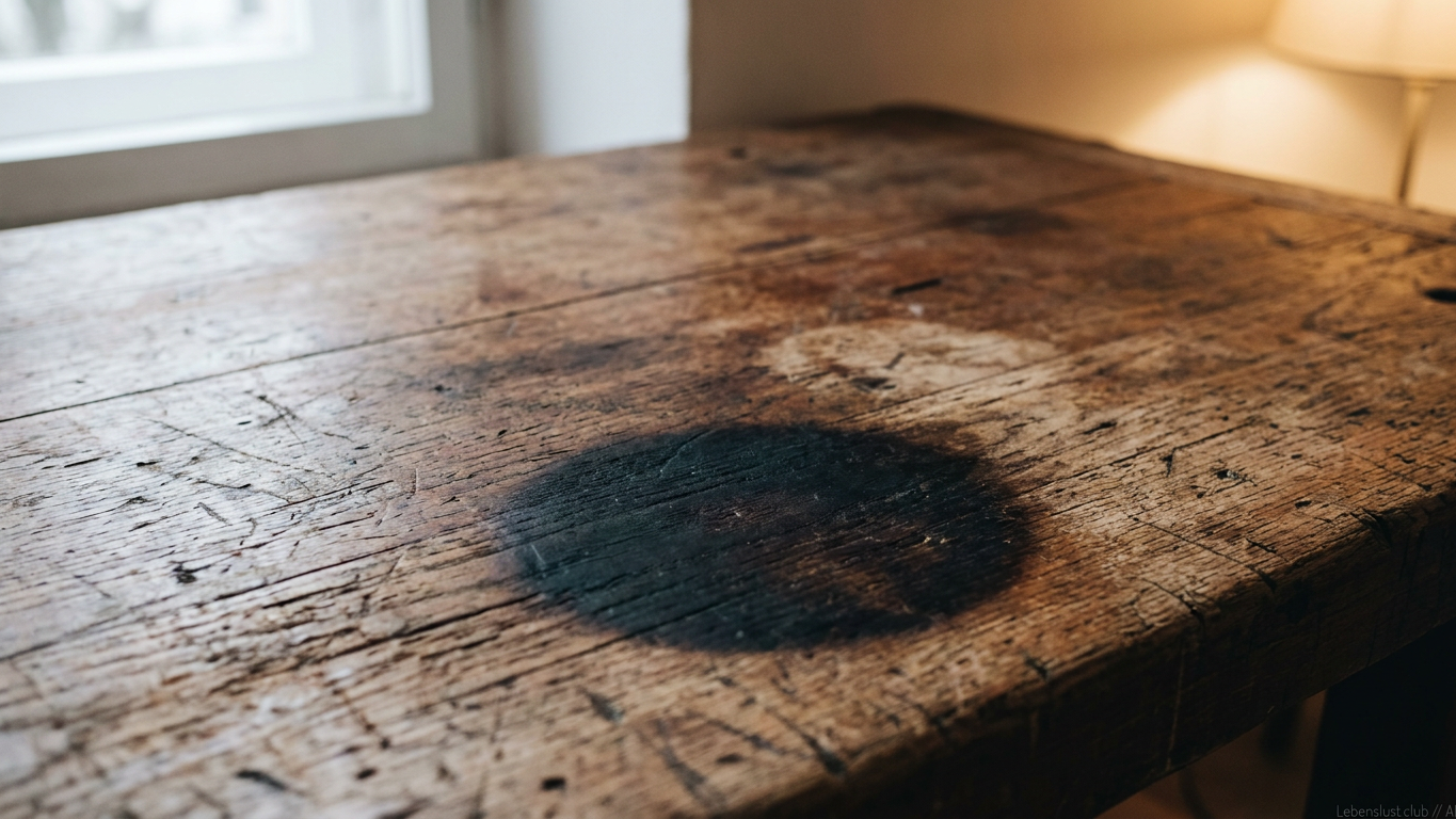 Eine alte, hölzerne Werkbank mit sichtbaren Gebrauchsspuren und einer dunklen, runden Brandspur in der Mitte.