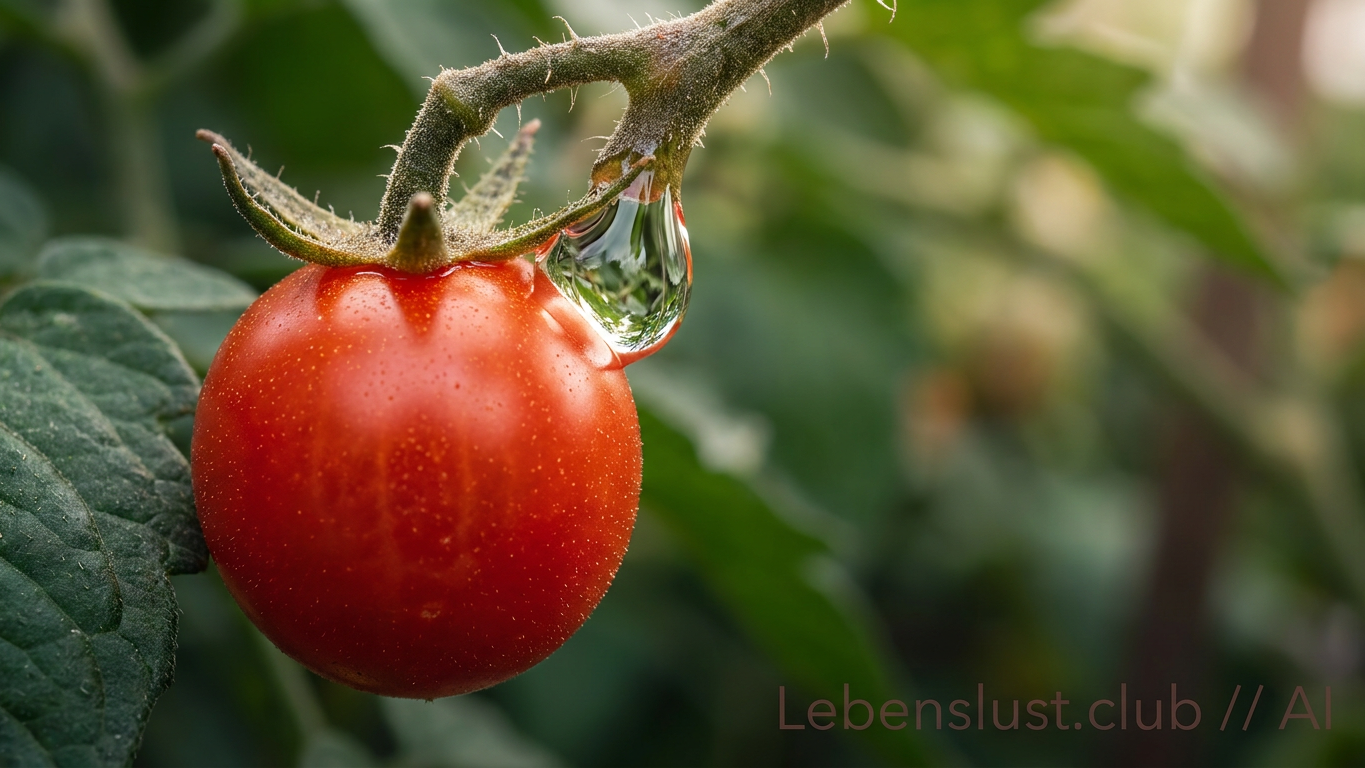 Eine reife, rote Tomate hängt an ihrem Stiel mit einem großen Tautropfen, der Blätter widerspiegelt.