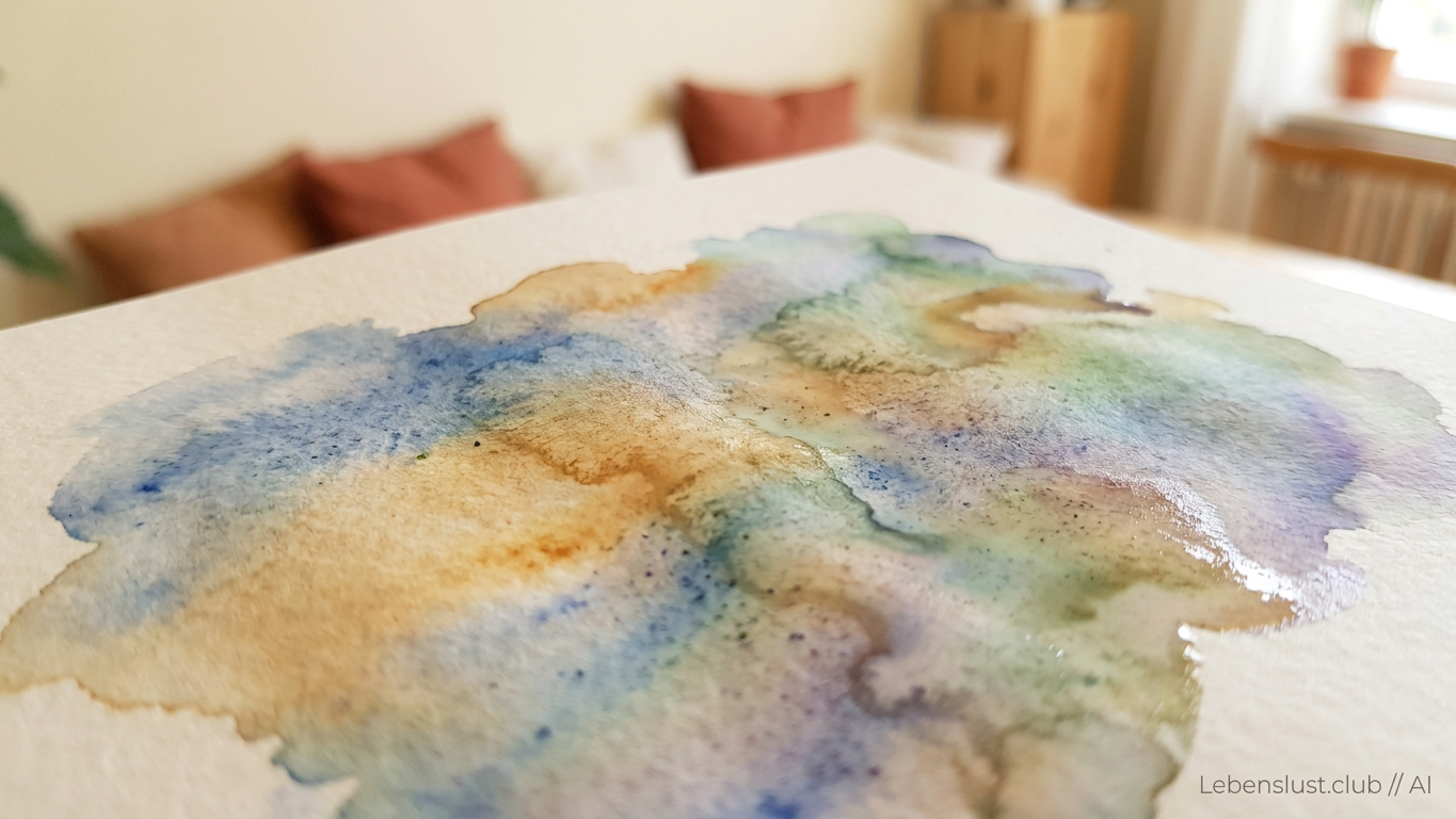 Aquarellfarben verlaufen in Blau, Braun und Grün auf einem weißen Blatt Papier.
