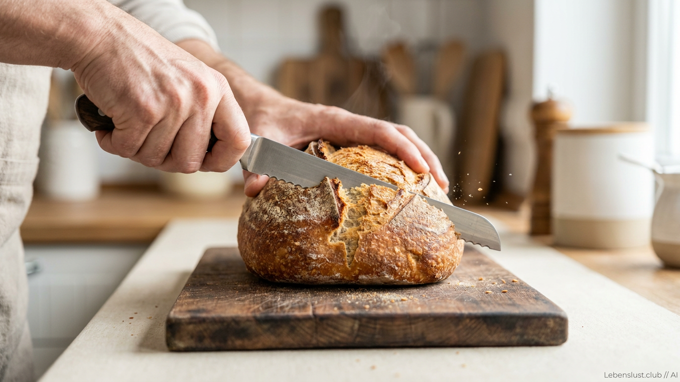 Ein rustikales Brotlaib wird auf einem Holzbrett mit einem Brotmesser geschnitten, Krümel fliegen durch die Luft.