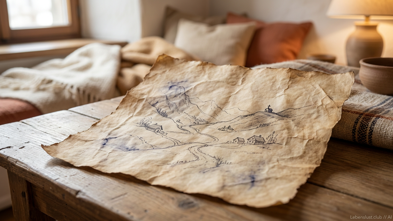 Eine detailreich gezeichnete Schatzkarte mit Bergen, Häusern und Wegen liegt auf einem Holztisch.