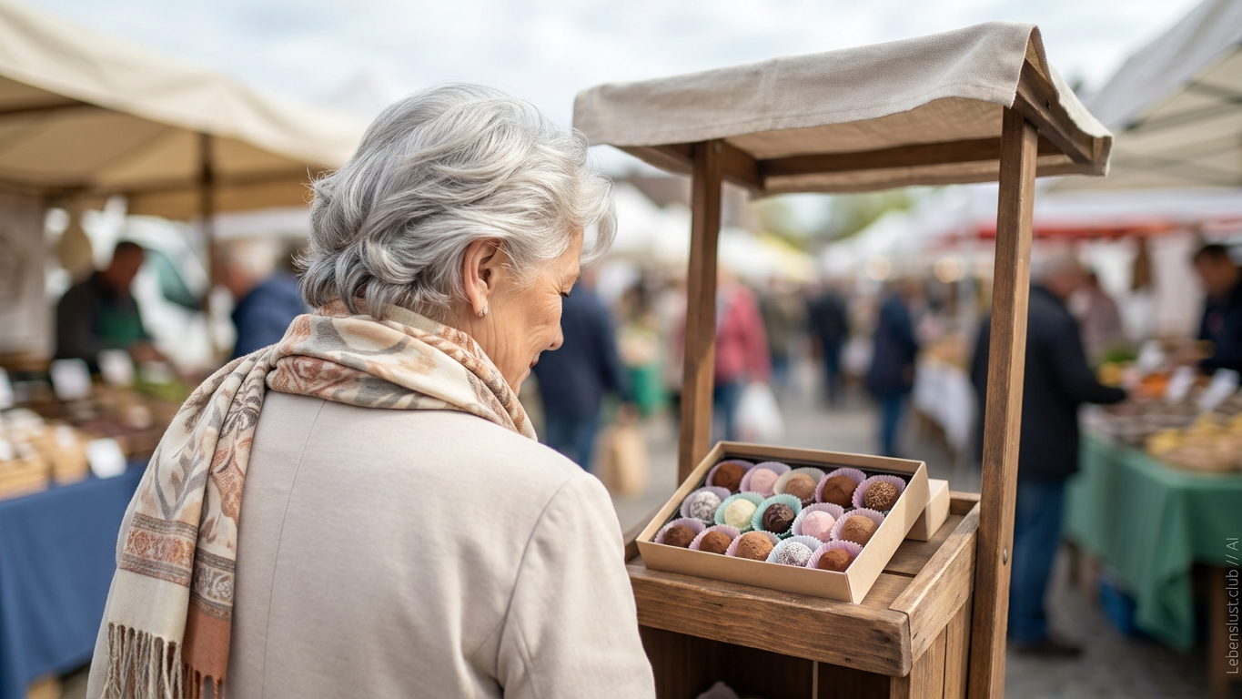 Eine ältere Frau mit grauem Haar und Schal schaut auf eine Schachtel Pralinen an einem Marktstand.