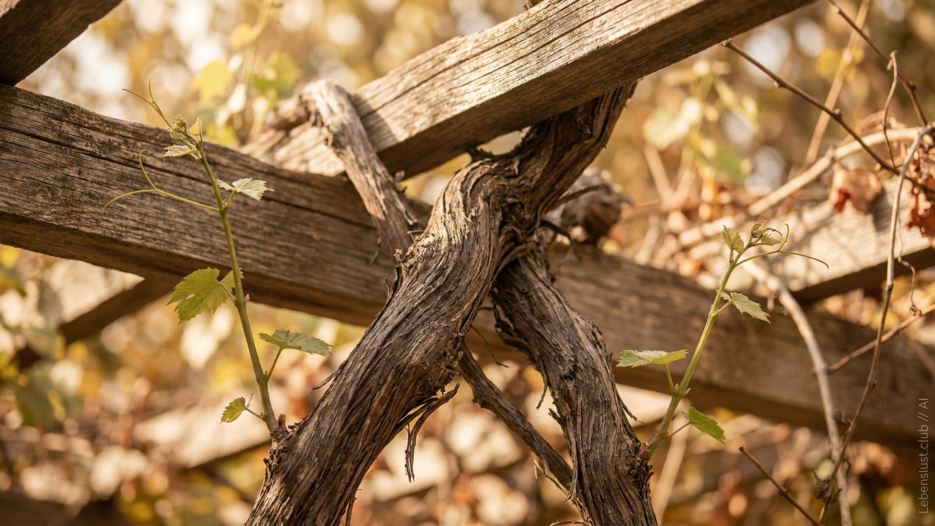 Eine Weinpflanze mit jungen Blättern klettert an einem Holzspalier empor, umgeben von einem unscharfen Herbstlaub.