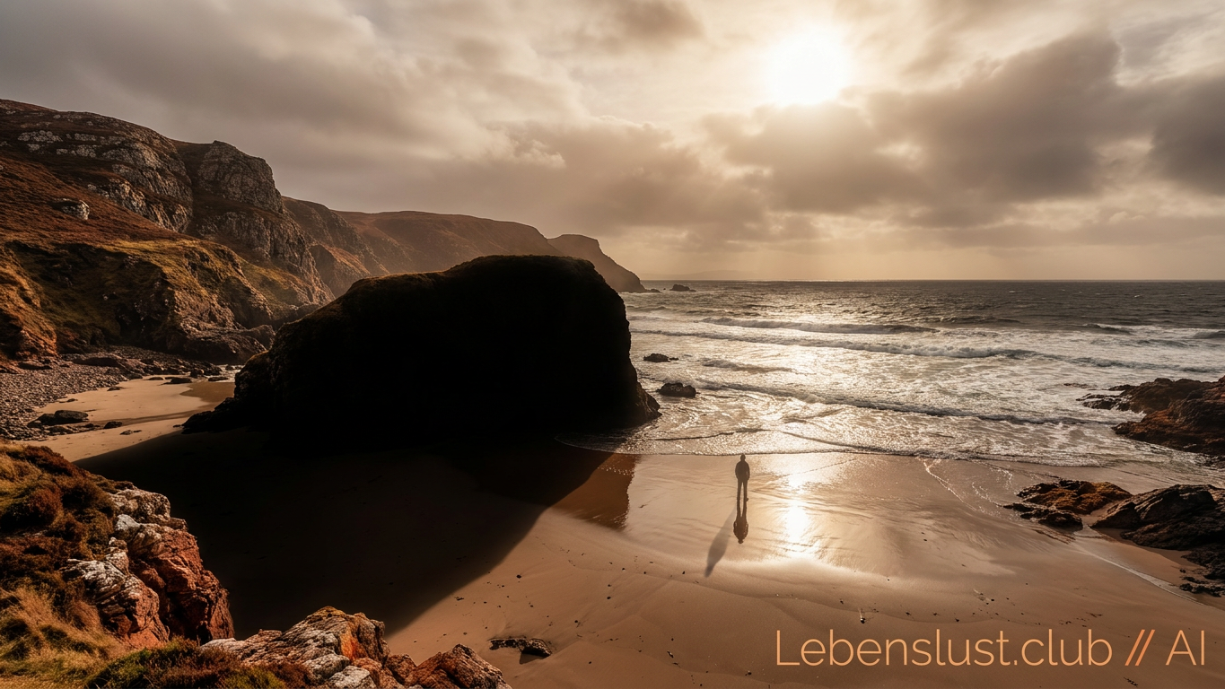 Eine Person steht am menschenleeren Sandstrand vor dem Meer, umgeben von Felsen, unter bewölktem Himmel mit Sonnenschein.
