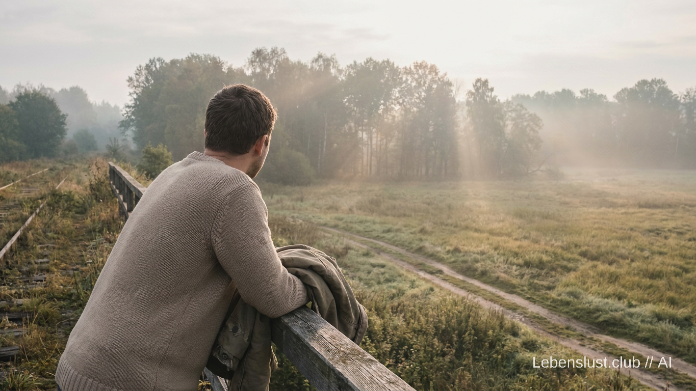 Mann im beigen Pullover lehnt an einem Holzgeländer und blickt über eine neblige Landschaft mit Bäumen, Wiese und Wegen.