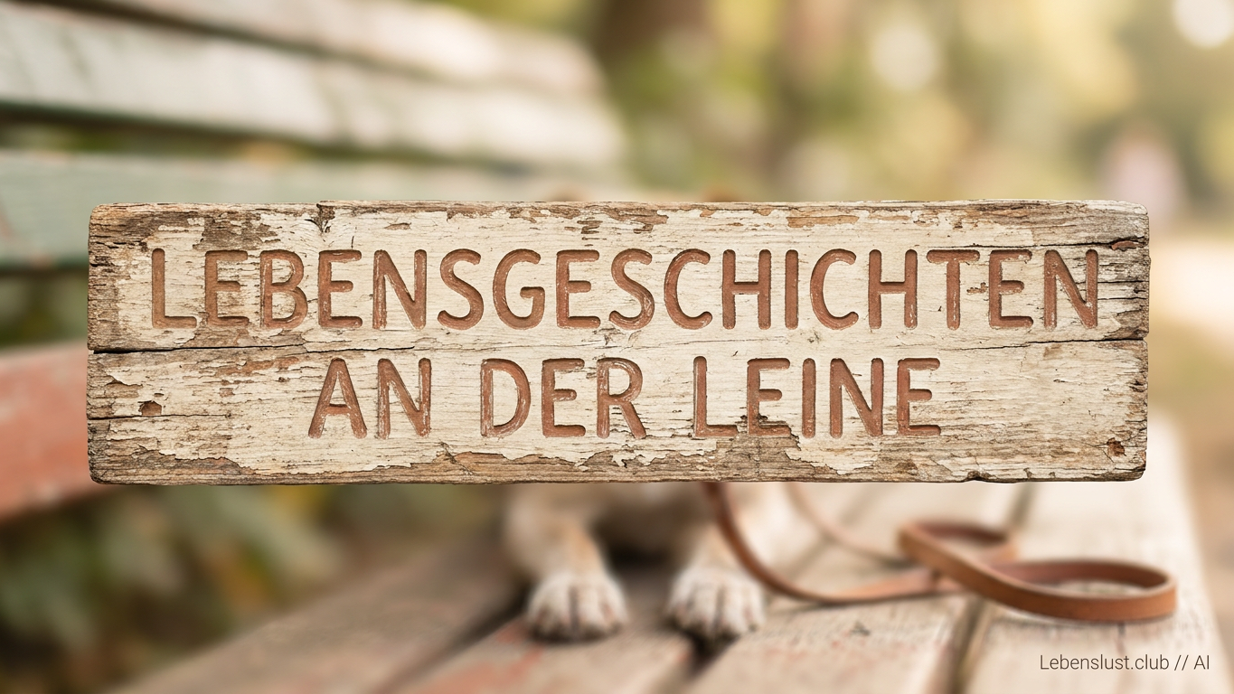 Ein Schild mit der Aufschrift „Lebensgeschichten an der Leine“ vor einer verschwommenen Parkbank und Hundepfoten.