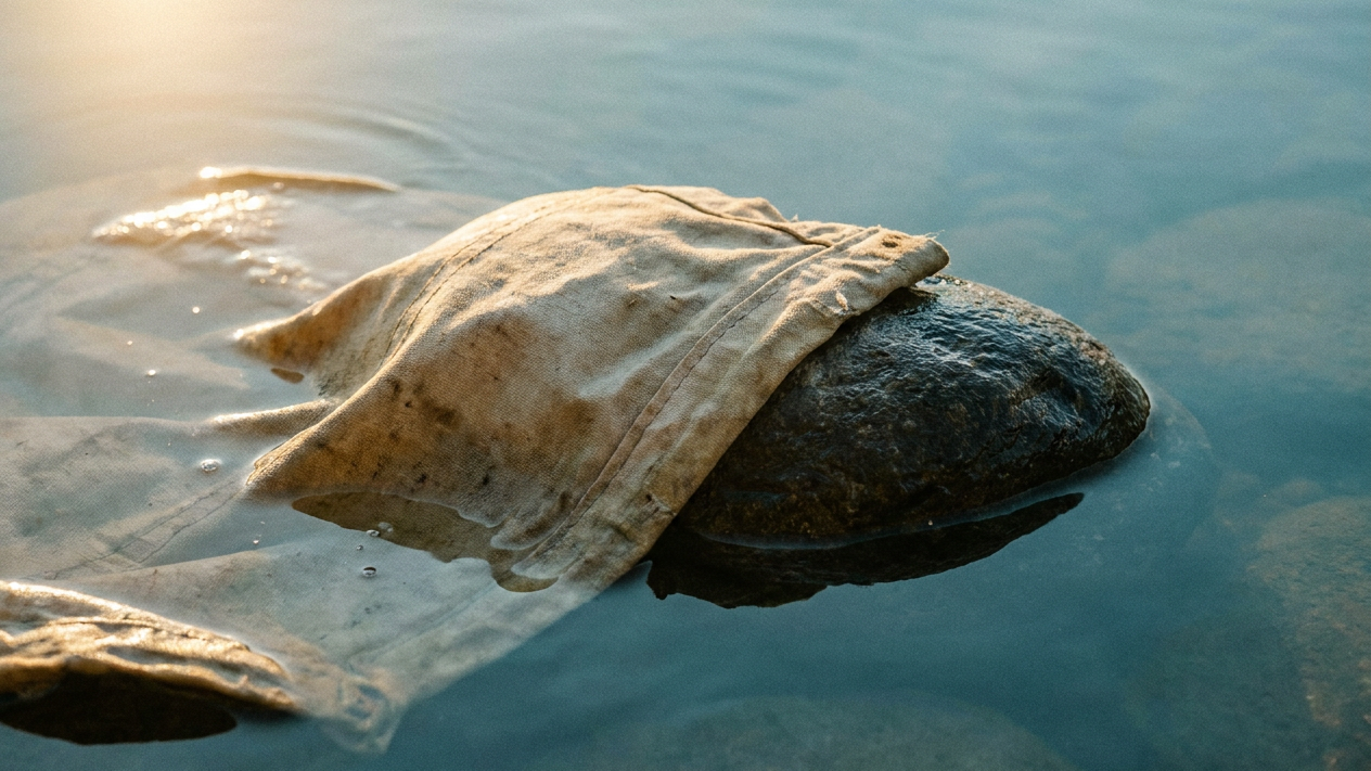 Ein beiges, nasses Tuch bedeckt einen dunklen Stein, der teilweise aus dem Wasser ragt.