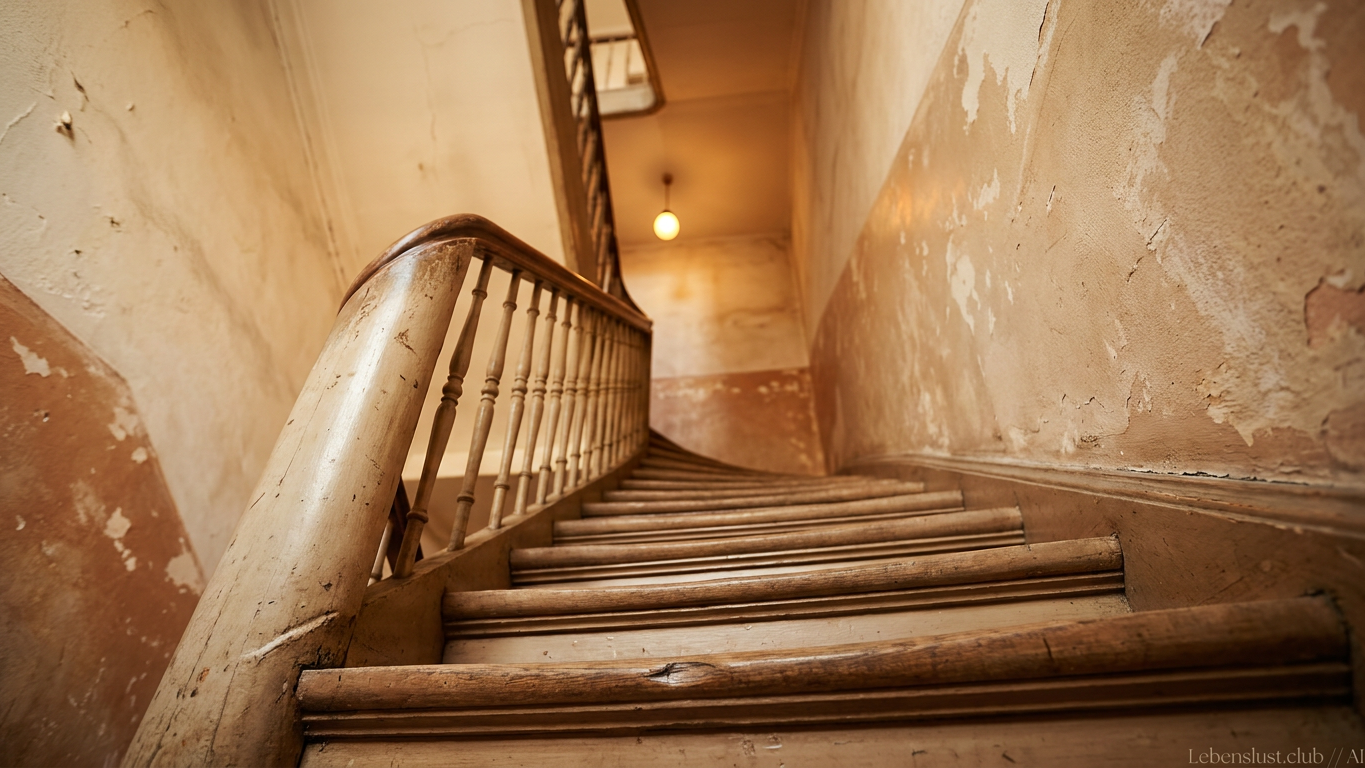 Ein altes, abgenutztes Treppenhaus mit Holzgeländer und einer einzelnen Glühbirne an der Decke.
