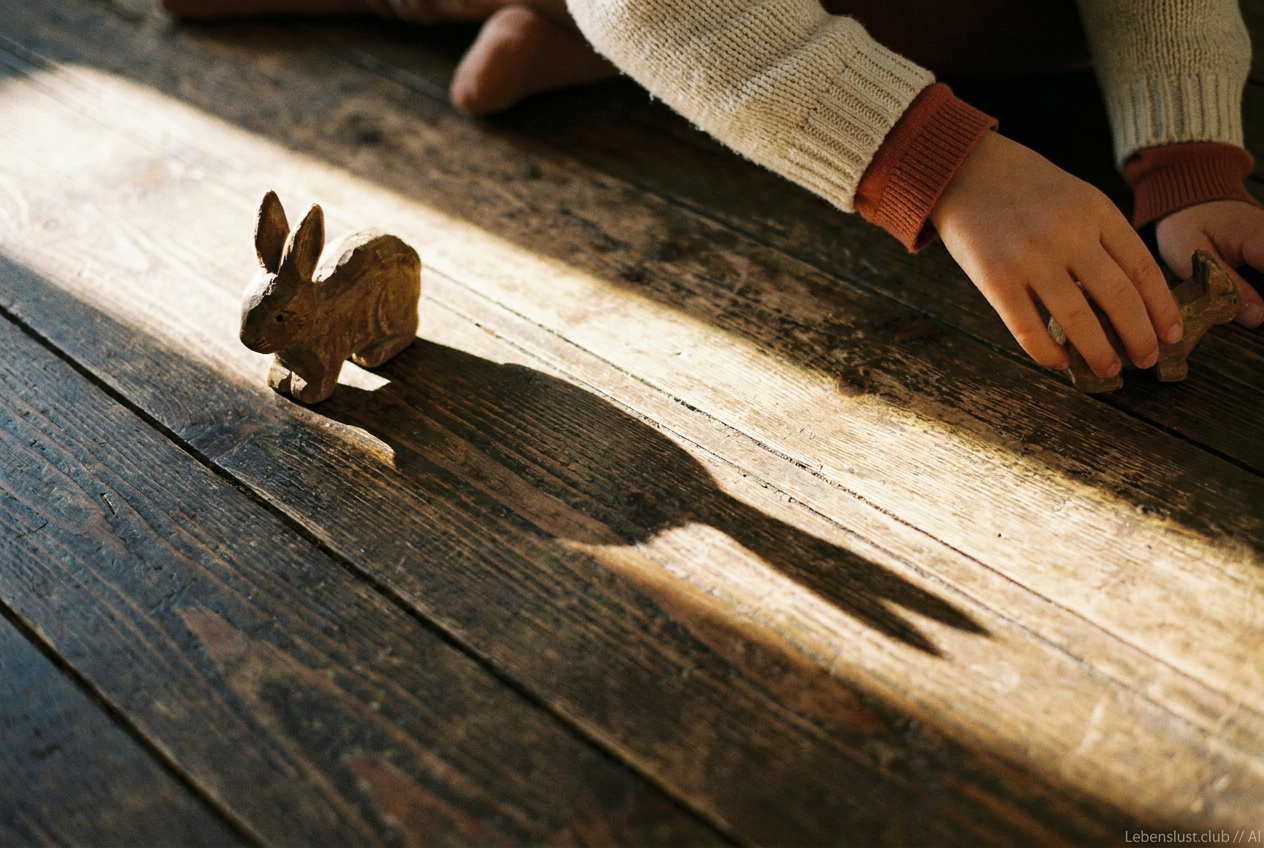 Ein Kind mit beigefarbenem Pullover und orangefarbenen Bündchen spielt auf einem Holzboden mit zwei Kaninchenfiguren.