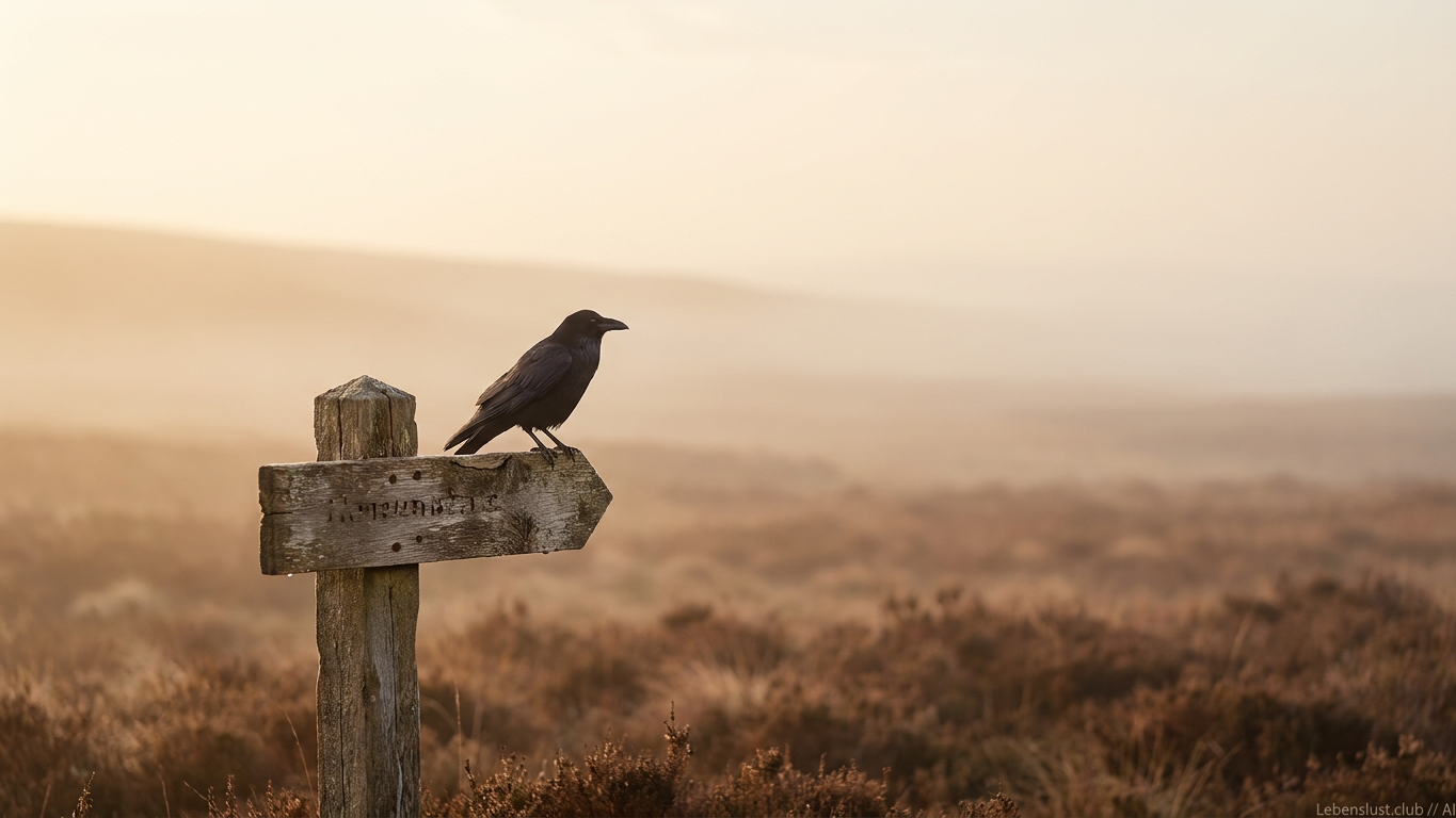 Ein schwarzer Vogel sitzt auf einem hölzernen Wegweiser, der in eine weite, neblige Landschaft mit trockenen Pflanzen zeigt.