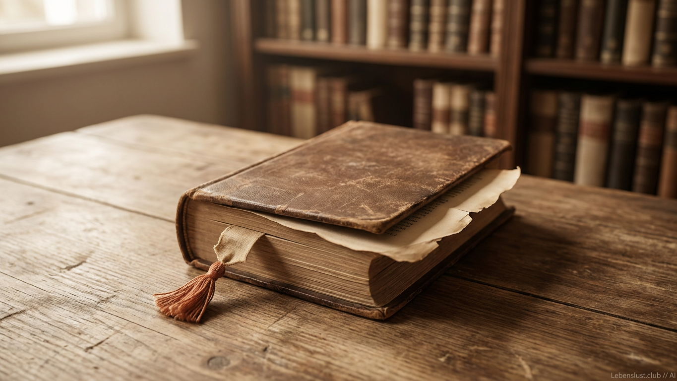 Ein altes, aufgeschlagenes Buch mit Ledercover liegt auf einem Holztisch vor einem Bücherregal, daneben ein Fenster.