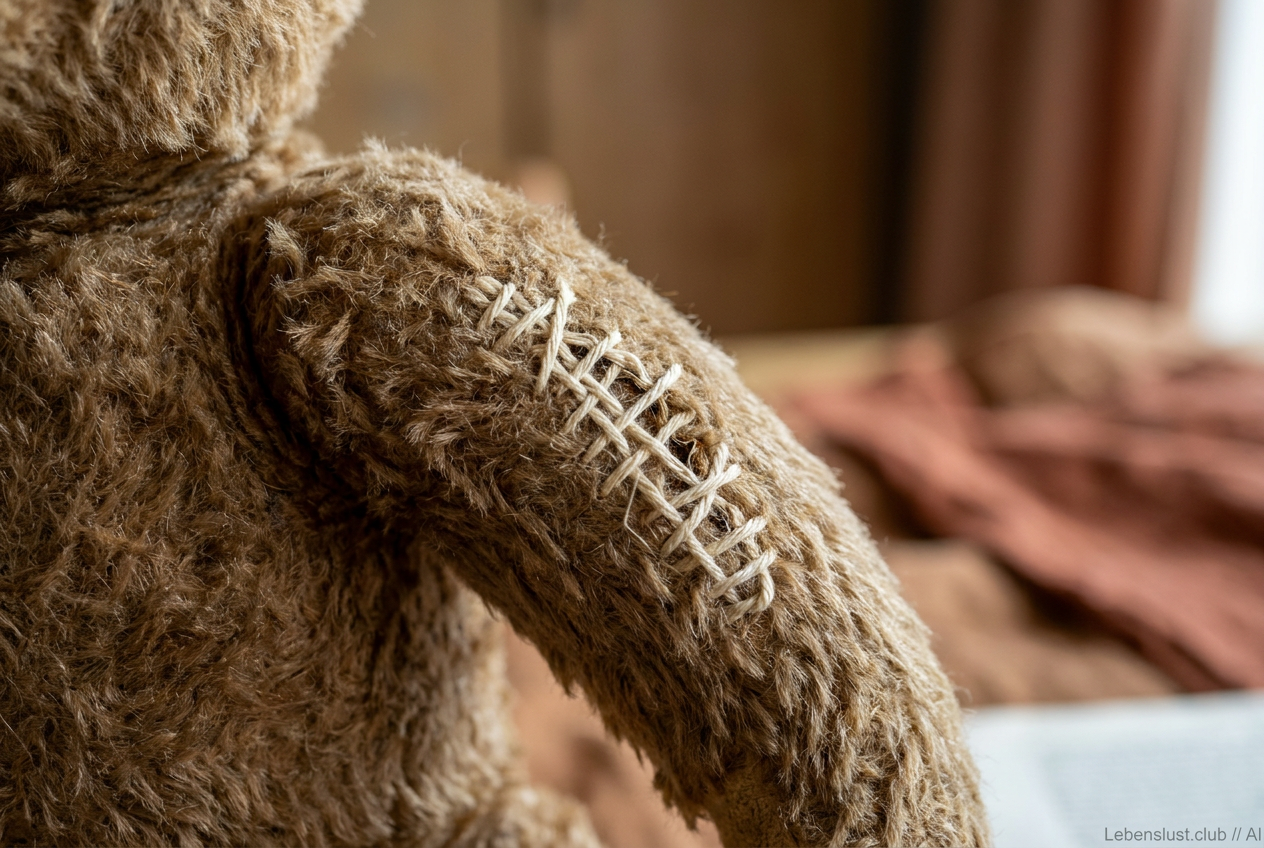 Ein brauner Teddybär mit groben, hellen Stichnähten am rechten Arm zeigt Gebrauchsspuren.