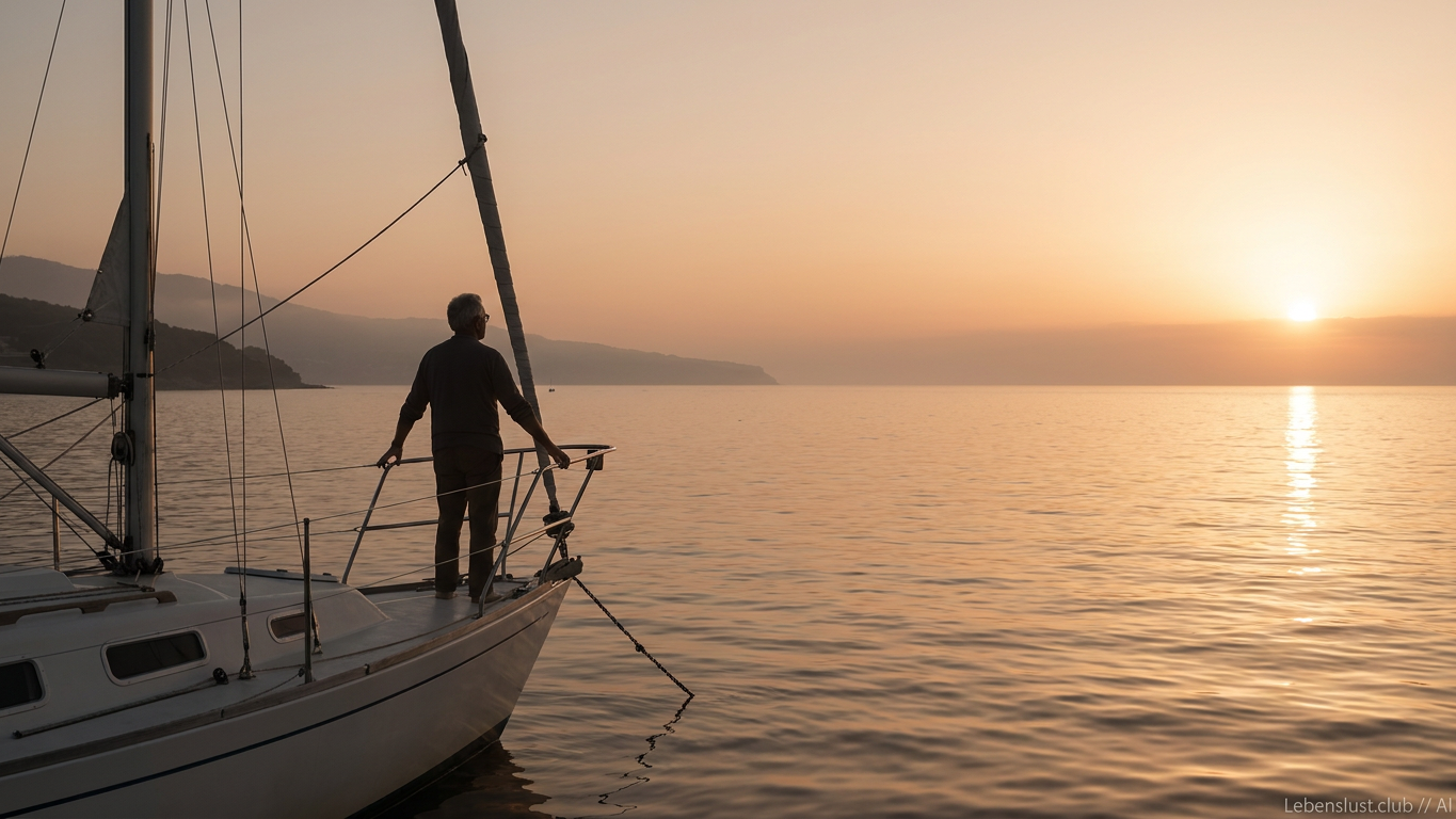 Ein Mann steht am Bug eines Segelbootes und blickt auf das weite Meer bei Sonnenuntergang.