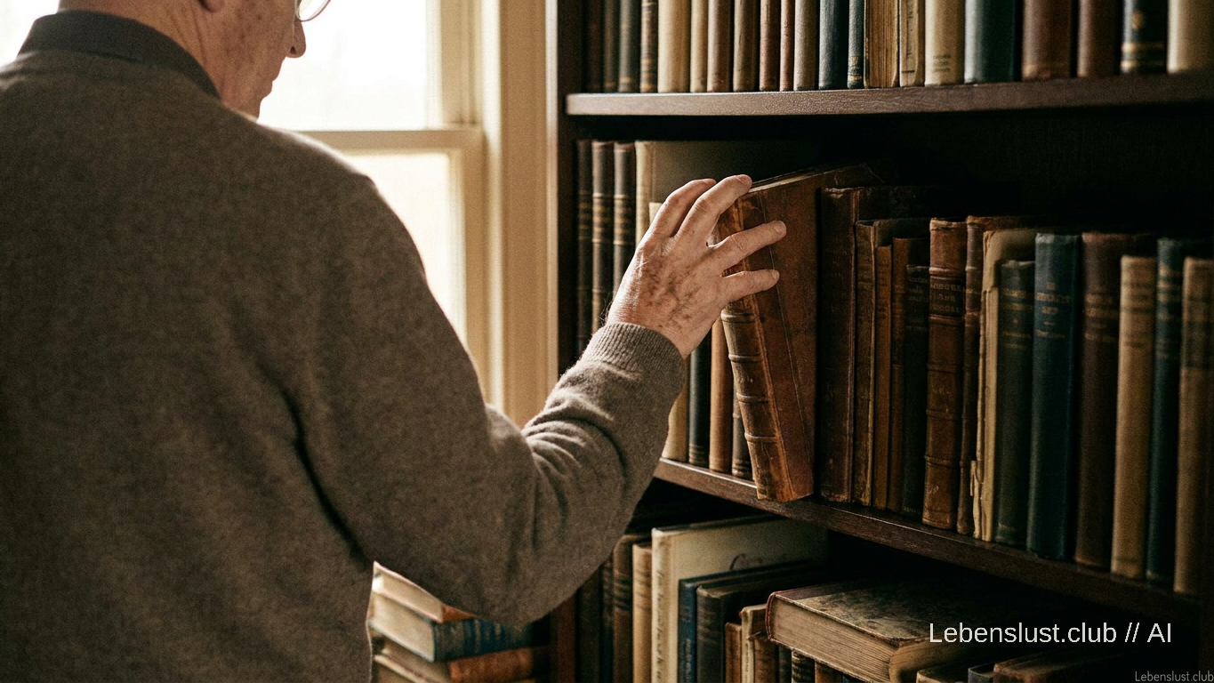 Ein älterer Mensch greift in einem Regal voller alter Bücher nach einem braunen Band.