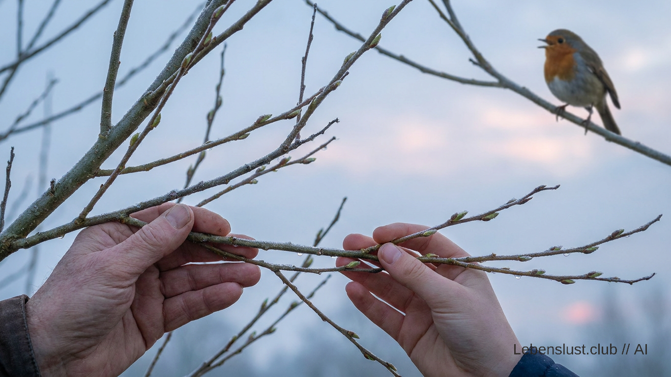 Zwei Hände halten frostige Zweige mit Knospen, während im Hintergrund ein Rotkehlchen auf einem Ast singt.