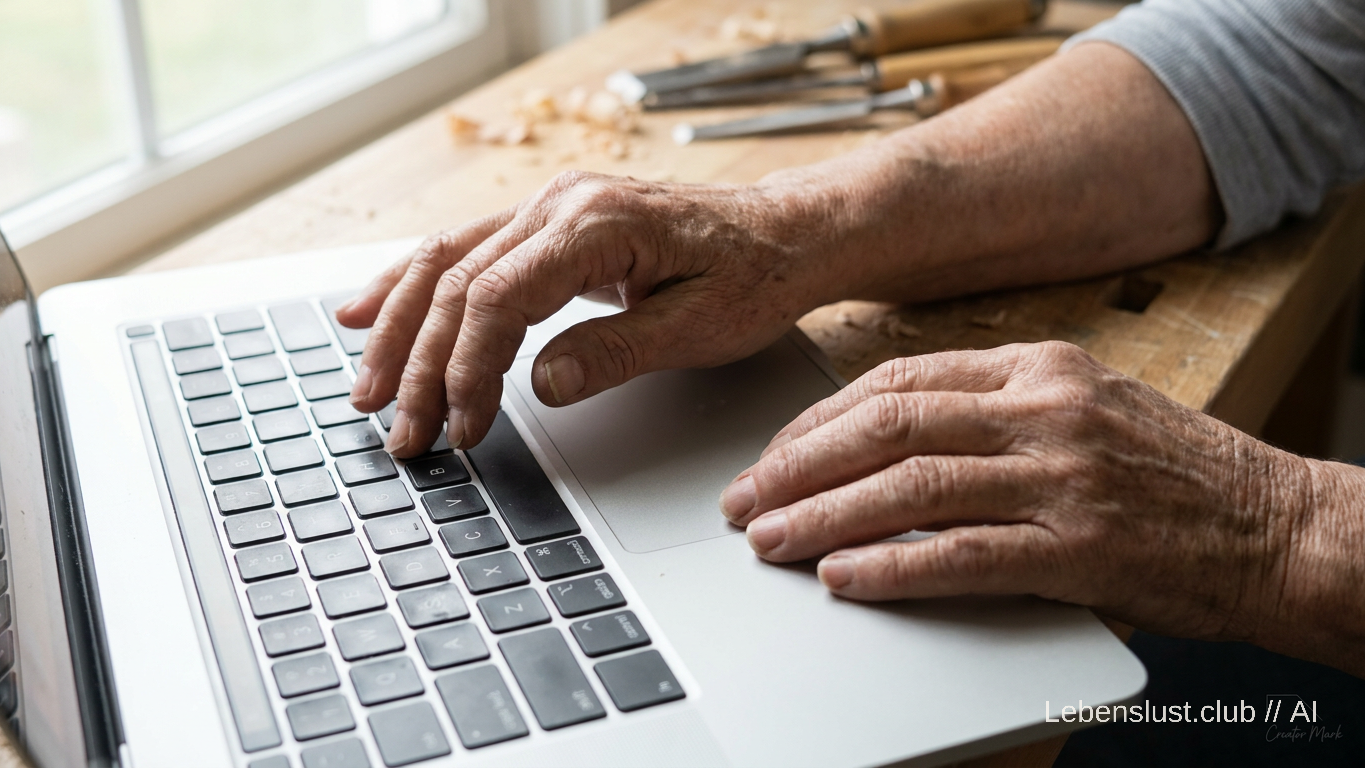 Alte Hände tippen auf einer Laptoptastatur, im Hintergrund liegen Holzspäne und Werkzeuge auf einer Werkbank.