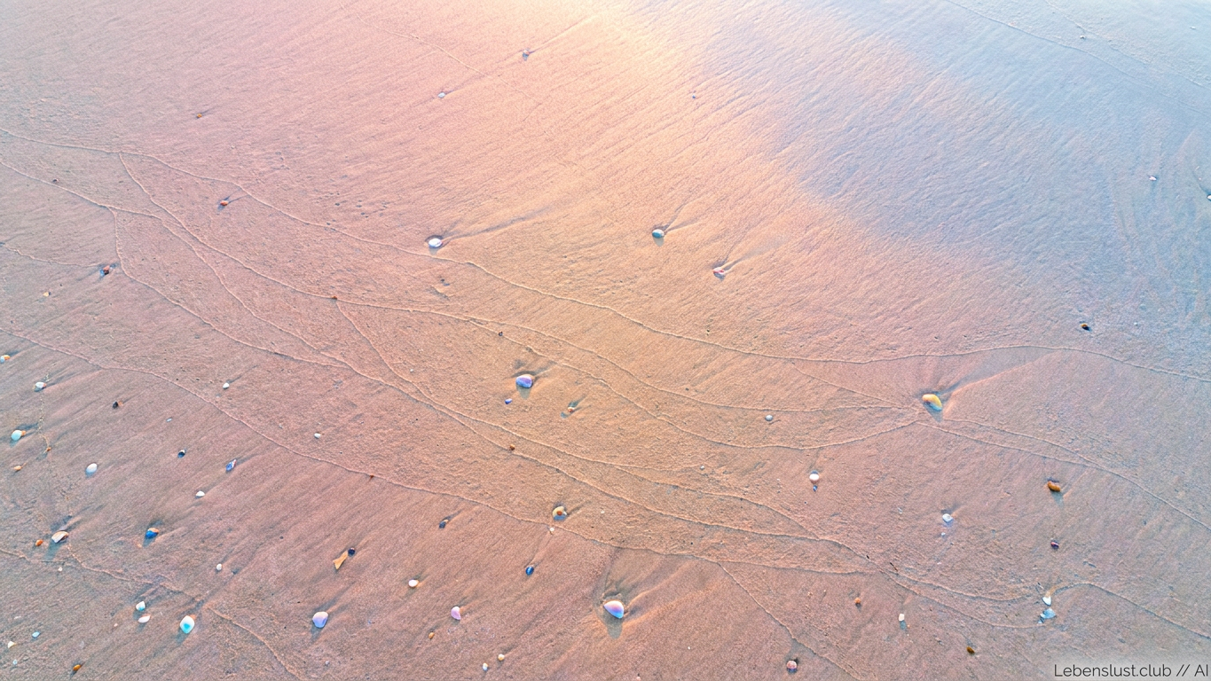 Der Sand am Strand ist unter der goldenen Sonne in Wellen geformt, durchsetzt mit kleinen Muscheln in Pastelltönen.