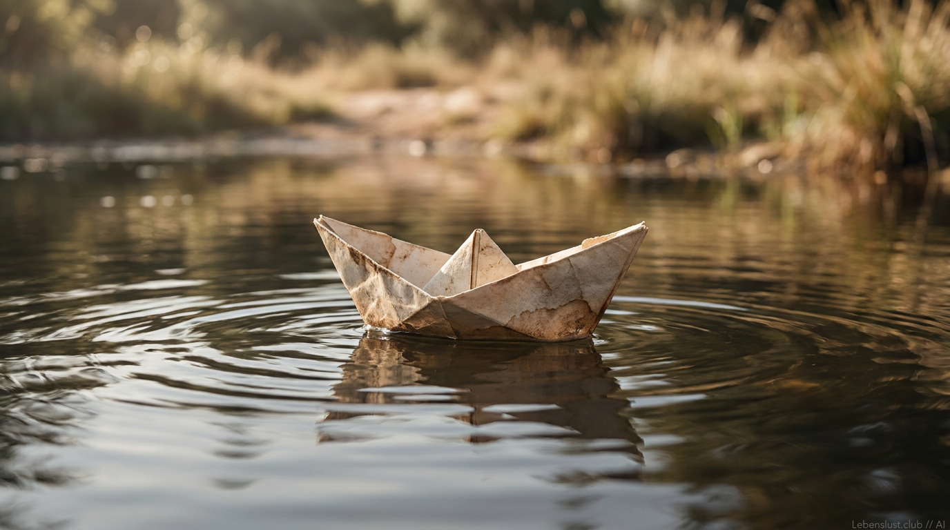 Ein altes, verfärbtes Papierboot schwimmt auf leicht gekräuseltem Wasser mit einer spiegelnden Ufervegetation im Hintergrund.