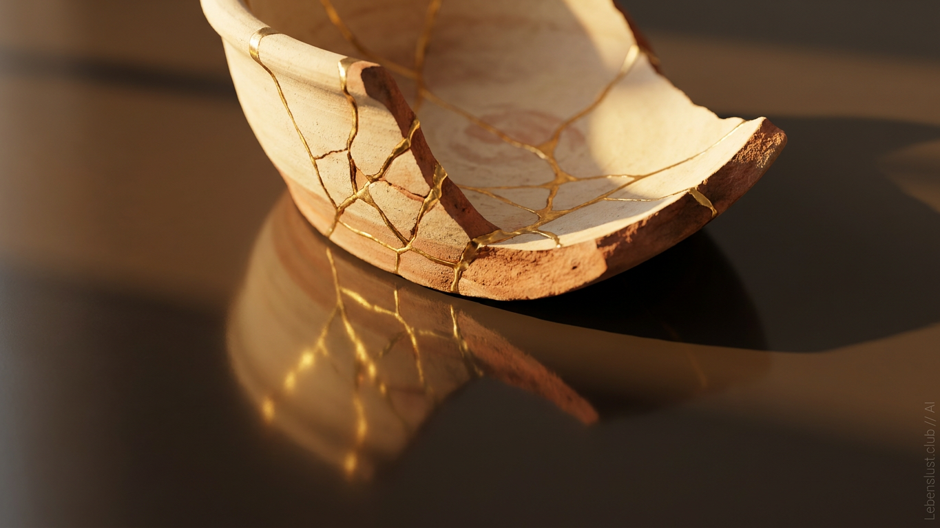 Eine zerbrochene Keramikschale, geklebt mit goldener Kintsugi-Reparatur, spiegelt sich auf einem dunklen Untergrund.