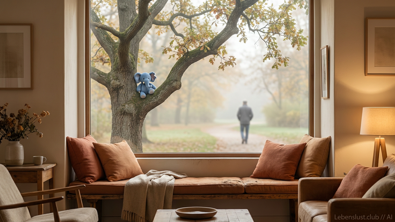 Eine gemütliche Fensternische mit Blick auf einen Park mit Herbstbäumen, in dessen Mittelpunkt ein Mann im Nebel davonläuft.