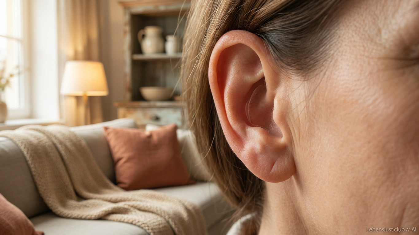 Nahaufnahme des Ohres einer Person mit einem kleinen, transparenten Hörgerät im Inneren, im Hintergrund ein unscharfes Wohnzimmer.