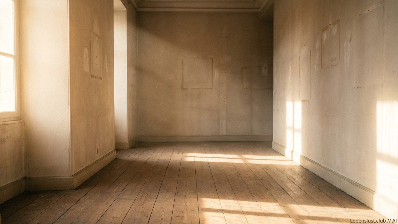 Ein leerer, sonnenlichtdurchfluteter Raum mit Dielenboden und hellen Wänden, auf denen Schatten von Fenstern sichtbar sind.