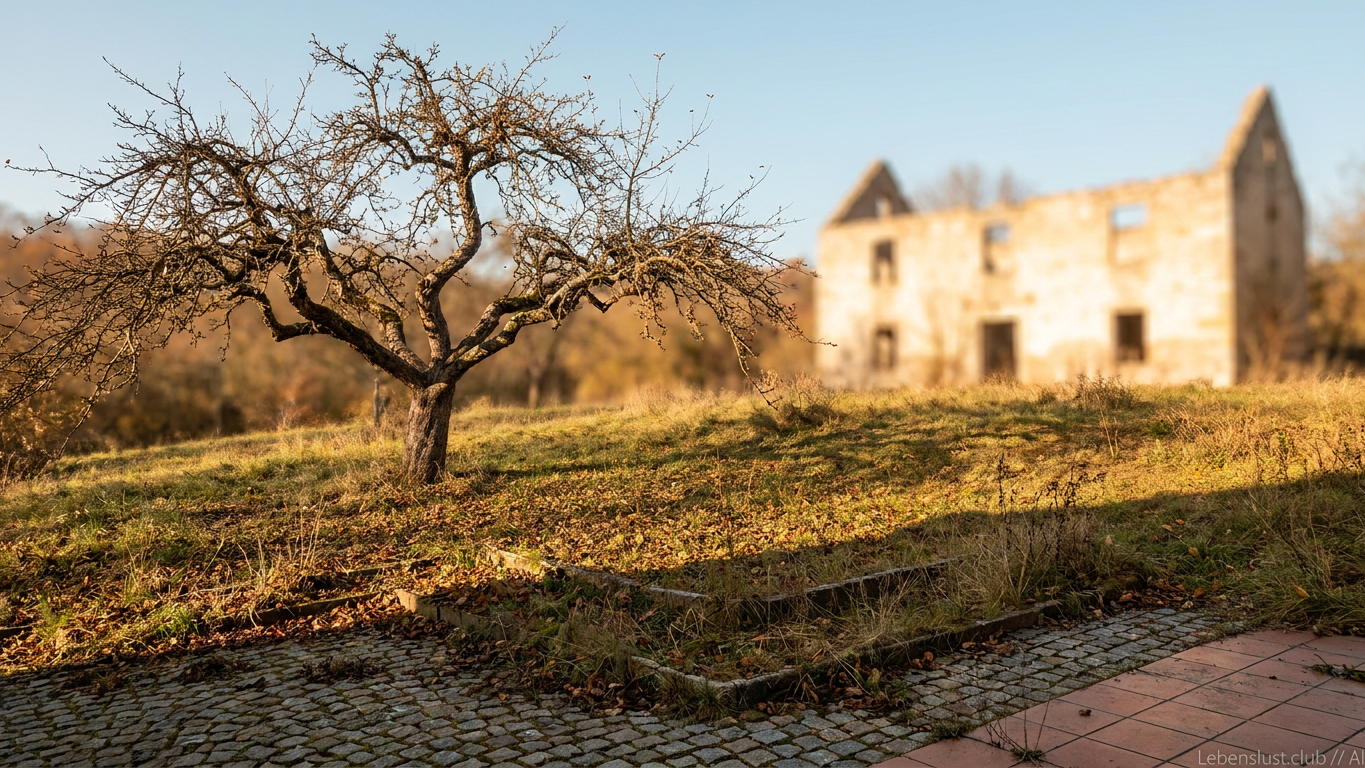 Ein kahler knorriger Baum steht auf einer leicht bewachsenen Anhöhe vor einer unscharfen Ruine an einem sonnigen Herbsttag.