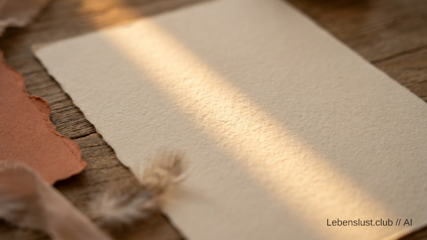 Warmes Morgenlicht fällt als goldener Streifen auf ein leeres, texturiertes weißes Blatt Papier, bereit für eine Zukunftscollage, mit unscharfen Anfängen am Rand.