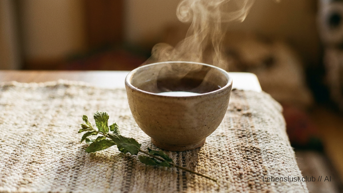 Eine dampfende, rustikale Teetasse auf einem handgewebten Stoff, aus leichter Vogelperspektive fotografiert, symbolisiert stille Gastfreundschaft und herzliche Begegnung.