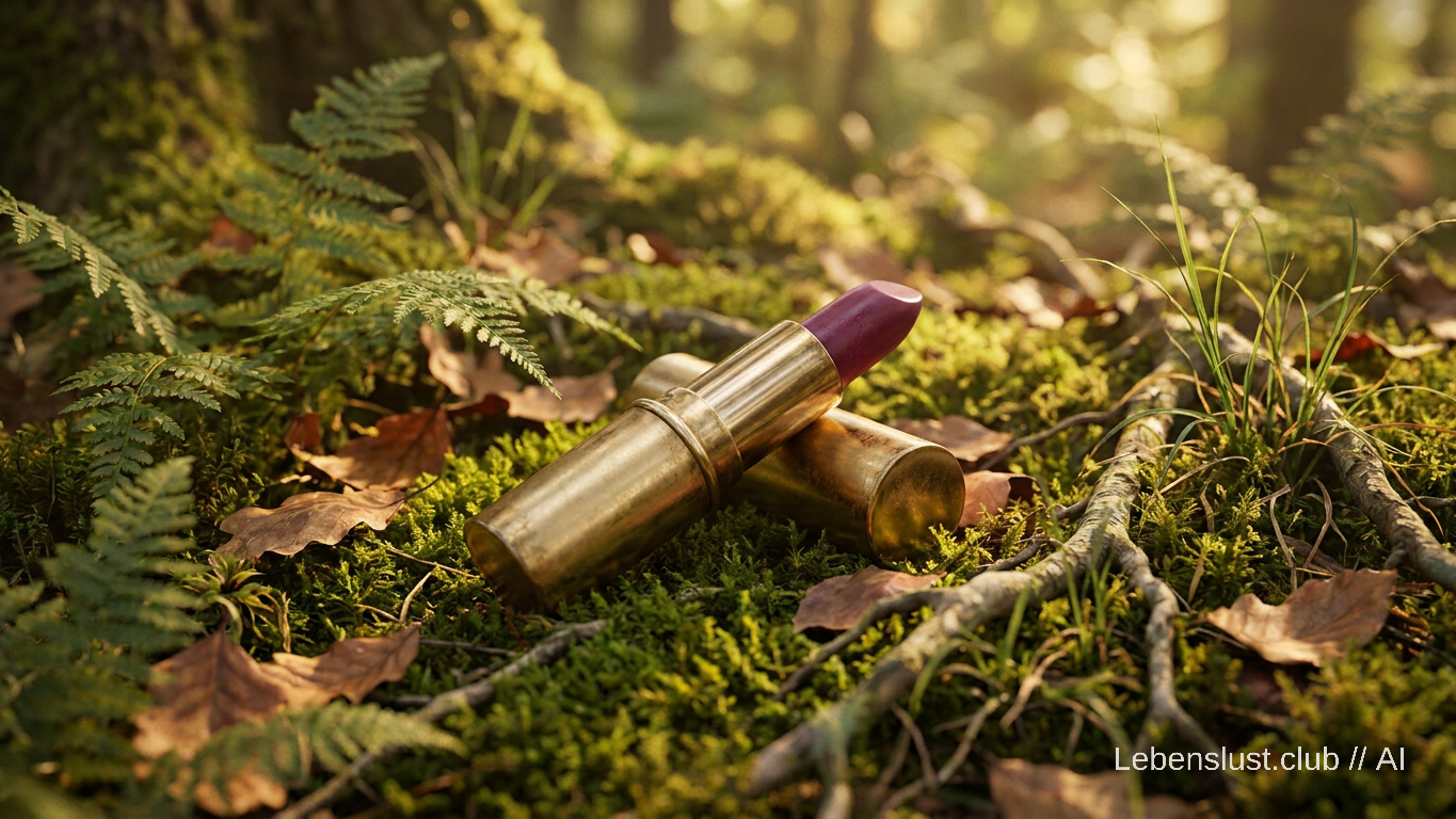 Ein leicht geöffnetes, goldenes Lippenstift-Etui liegt auf moosbewachsenem Waldboden, umgeben von Farnen und Herbstlaub, in warmem, natürlichem Licht.