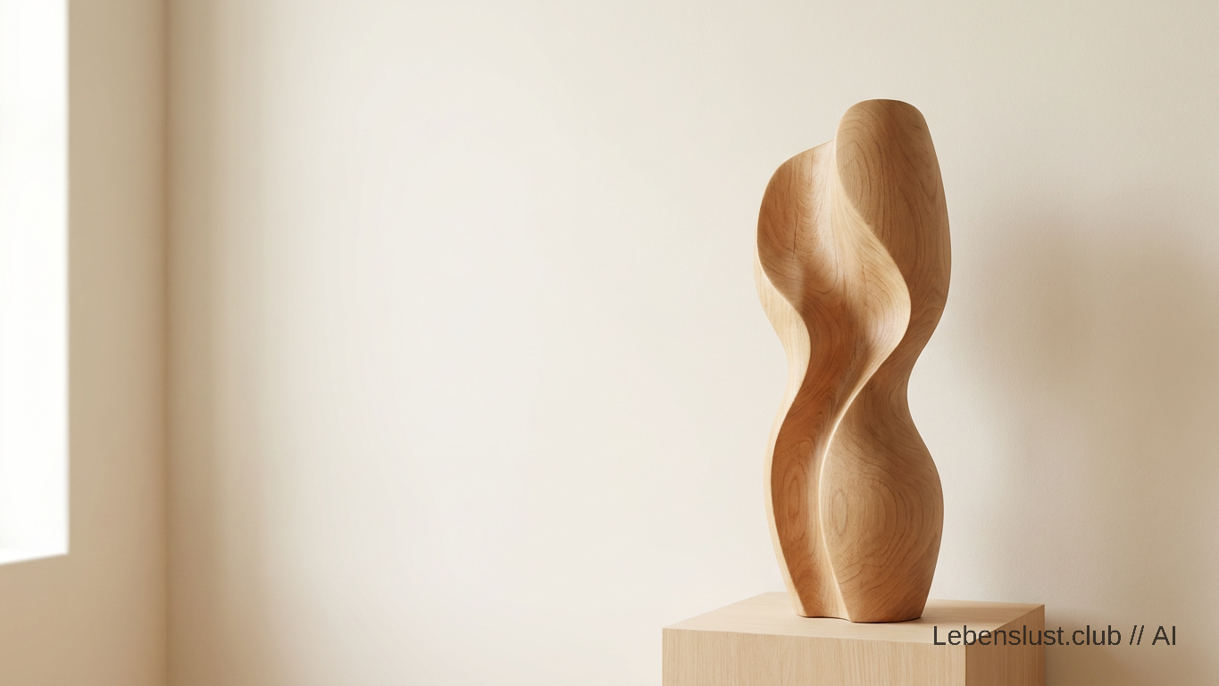 Eine kunstvoll geschnitzte, organische Holzskulptur steht allein auf einem schlichten Holzsockel in einem weich beleuchteten, minimalistischen Raum.