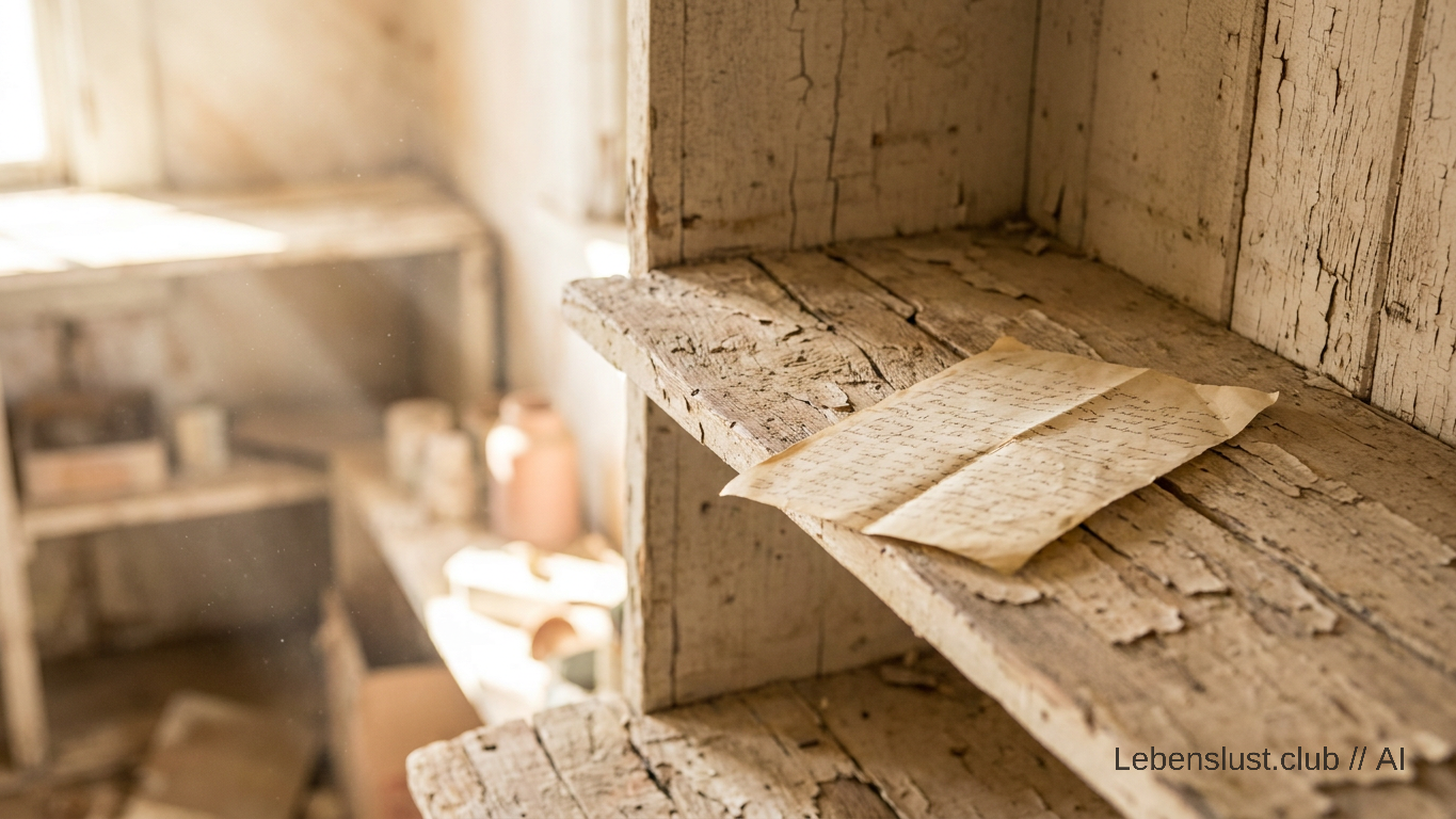 Ein Detailbild eines vergilbten, handgeschriebenen Kassenzettels auf einem alten, abgeblätterten Holzregal in einem verlassenen Laden, warmes Licht betont die Texturen.