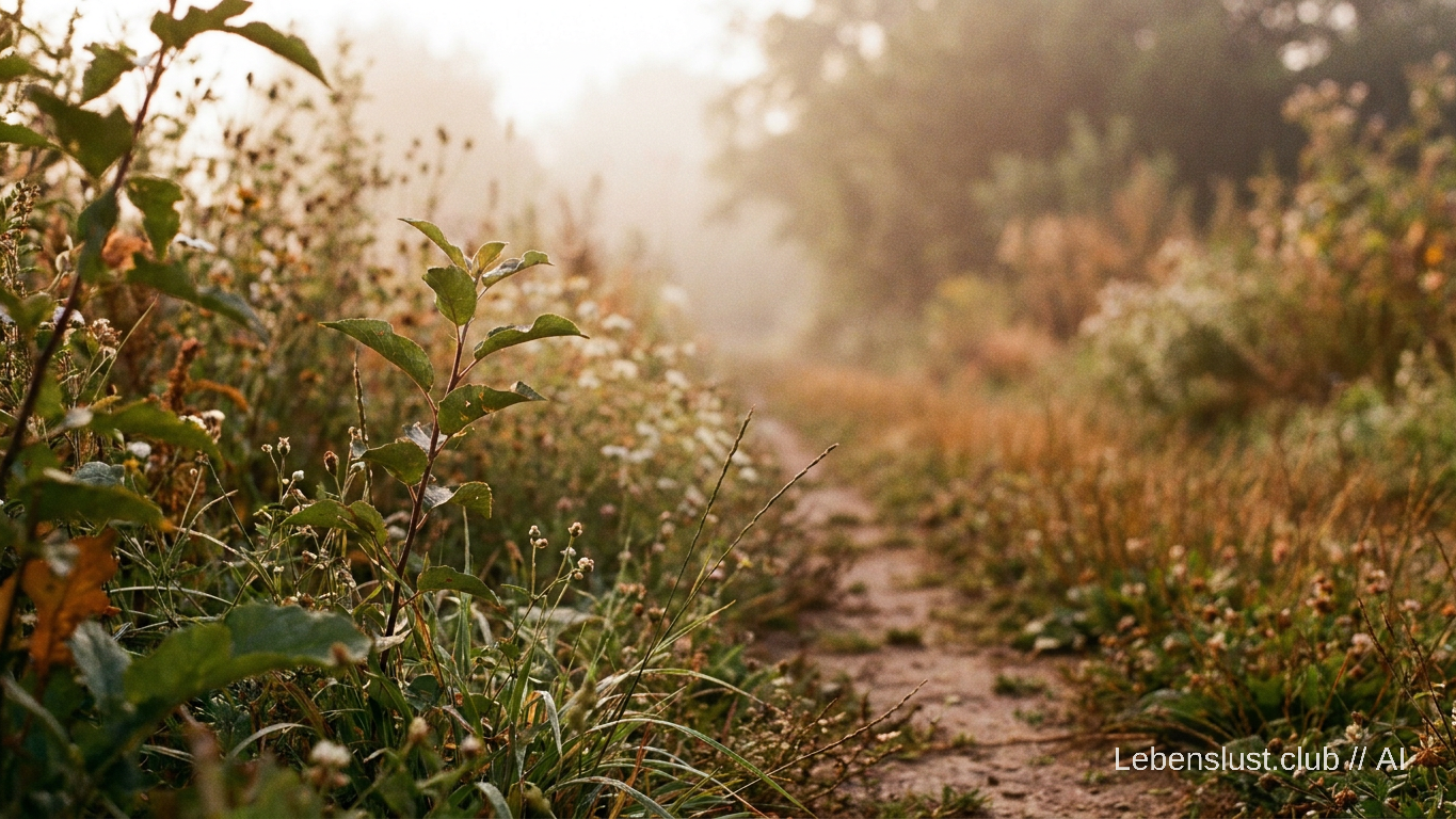 Ein leicht zugewachsener Gartenweg, gesehen aus der Perspektive einer jungen Pflanze am Rand, die sich ihren Weg bahnt, im milden Morgenlicht.