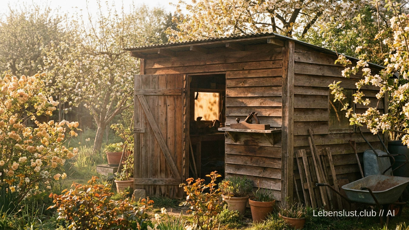 Ein alter, warmer Holzschuppen in einem blühenden Frühlingsgarten, dessen leicht geöffnete Tür sanftes Licht auf einen antiken Hobel im Inneren fallen lässt, der Neuanfänge und verborgene Potenziale symbolisiert.